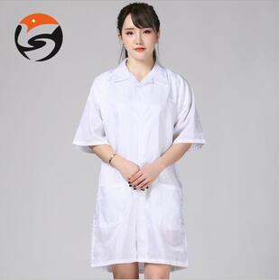 防静电衣服短袖大褂款蓝白黄色无尘工作服5MM条纹纽扣静电服翻领