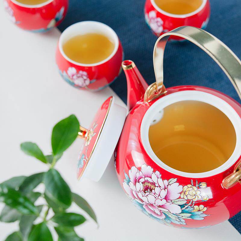 中国红瓷提梁壶陶瓷家用泡茶壶茶杯居家中式功夫茶具套装礼品
