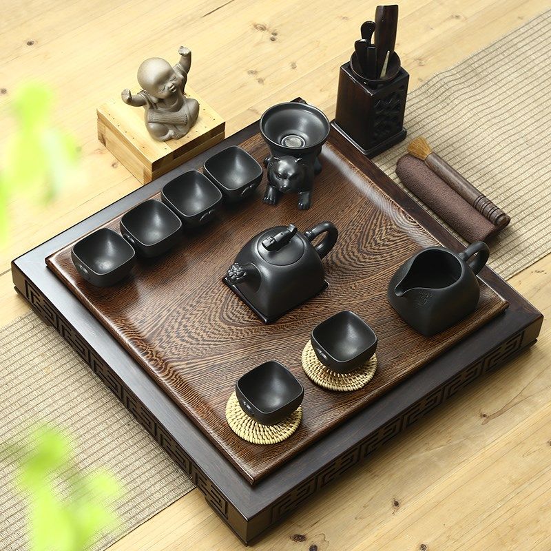 整块鸡翅黑檀实木茶盘四方简约茶海整套陶瓷哥窑汝窑功夫茶具套装