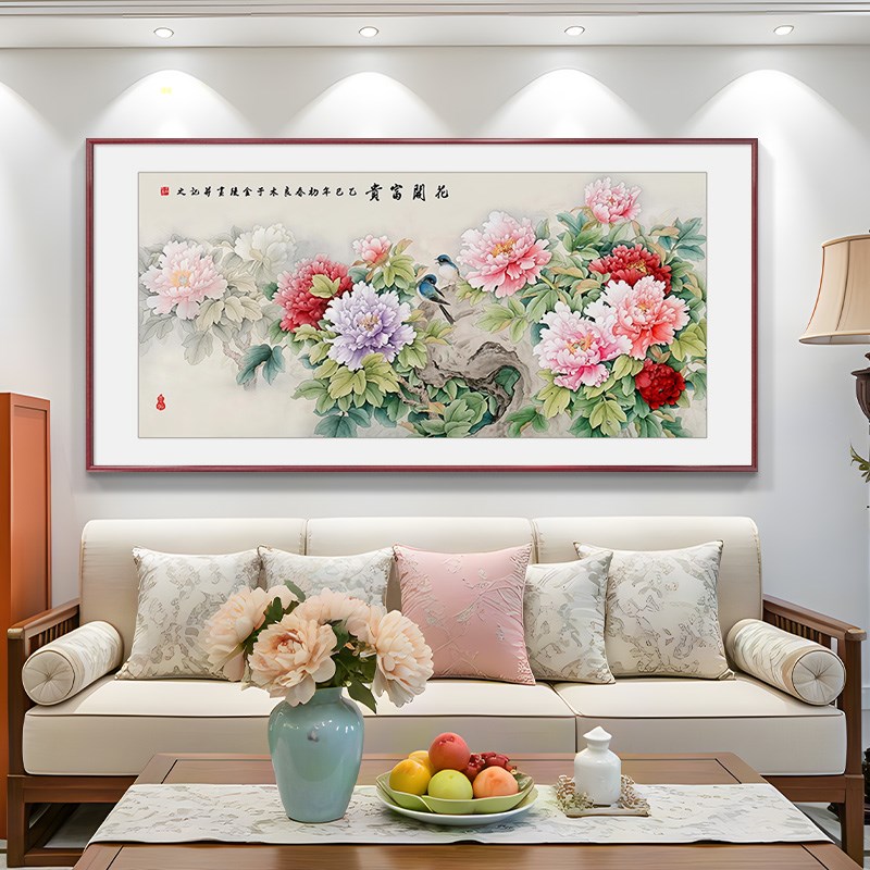 牡丹图花开富贵客厅挂画新中式沙发背景墙装饰画手绘国画新款壁画