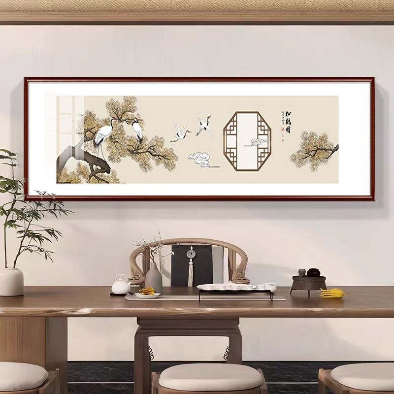 新中式沙发背景墙挂画 实木框晶瓷花鸟装饰画 客厅高级感中式挂画