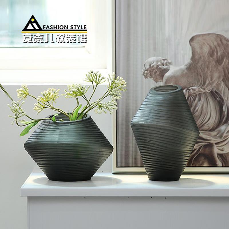 灰色螺纹玻璃花瓶摆件美式创意客厅玄关插花花器样板间装饰品摆设