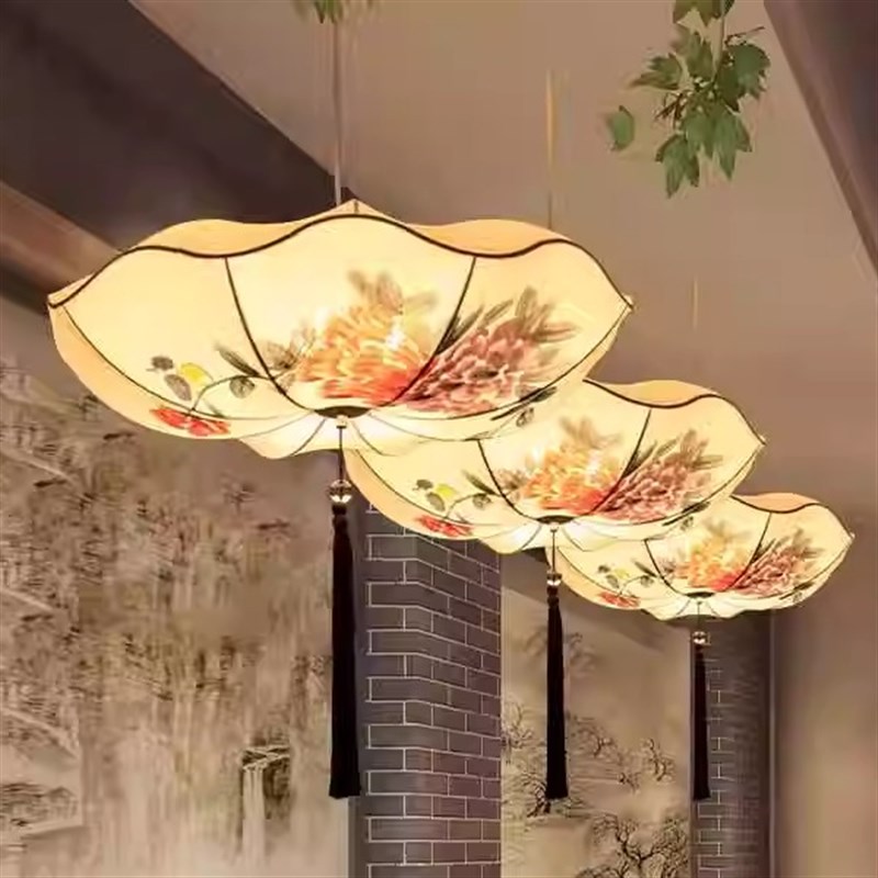 中国风古典餐厅火锅店新中式吊灯饭店茶楼婚庆复古卧室布艺荷叶灯