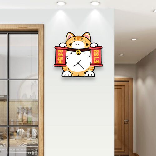 招财猫卡通创意个性静音挂墙钟表店铺客厅工作美术室装饰壁钟挂钟