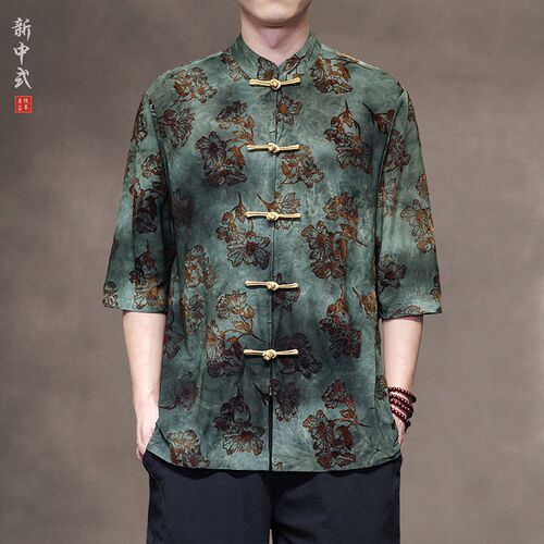 新中式夏季薄款透气唐装衬衫中国风复古盘扣圆领中山装半袖男茶服