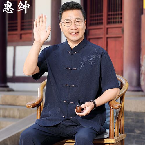 爷爷夏季唐装短袖套装中老年人中山装爸爸中国风上衣2025新款衬衫