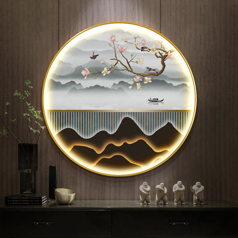 新中式玄关装饰画发光氛围LED灯画圆形壁画走廊过道禅意山水挂画图片