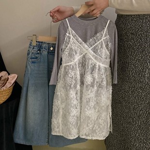 女童春款吊带连衣裙两件套春秋款2024新款儿童女宝宝蕾丝罩裙子