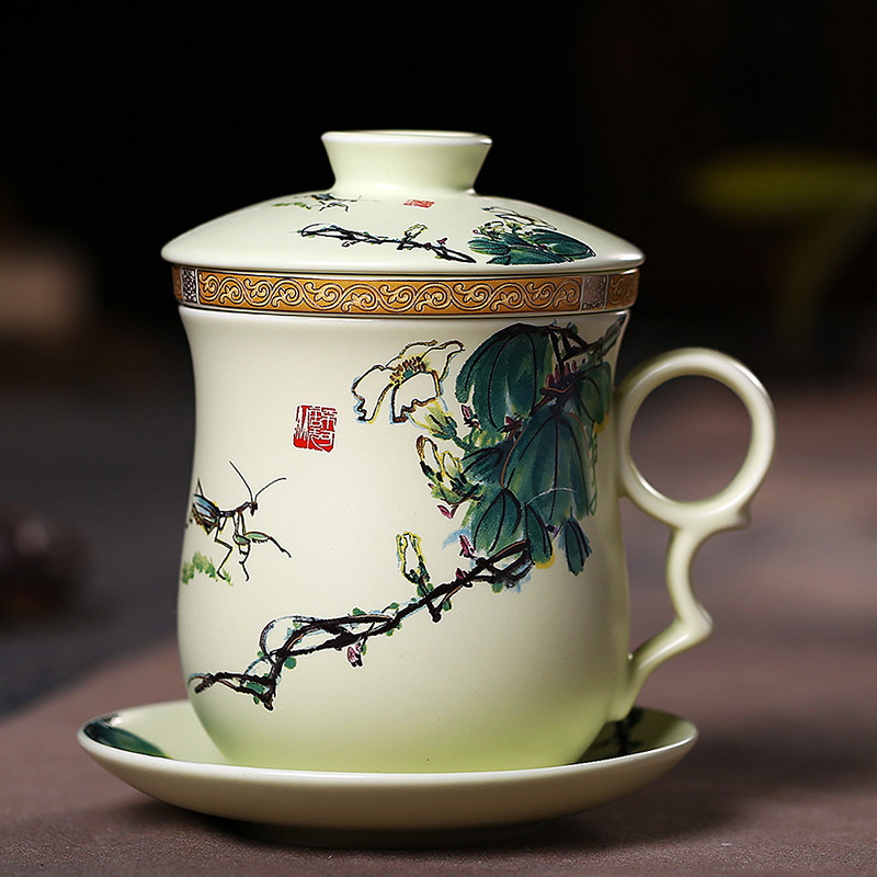 景德镇陶瓷茶杯带盖过滤水杯陶瓷泡茶杯茶具办公会议个人杯四件套