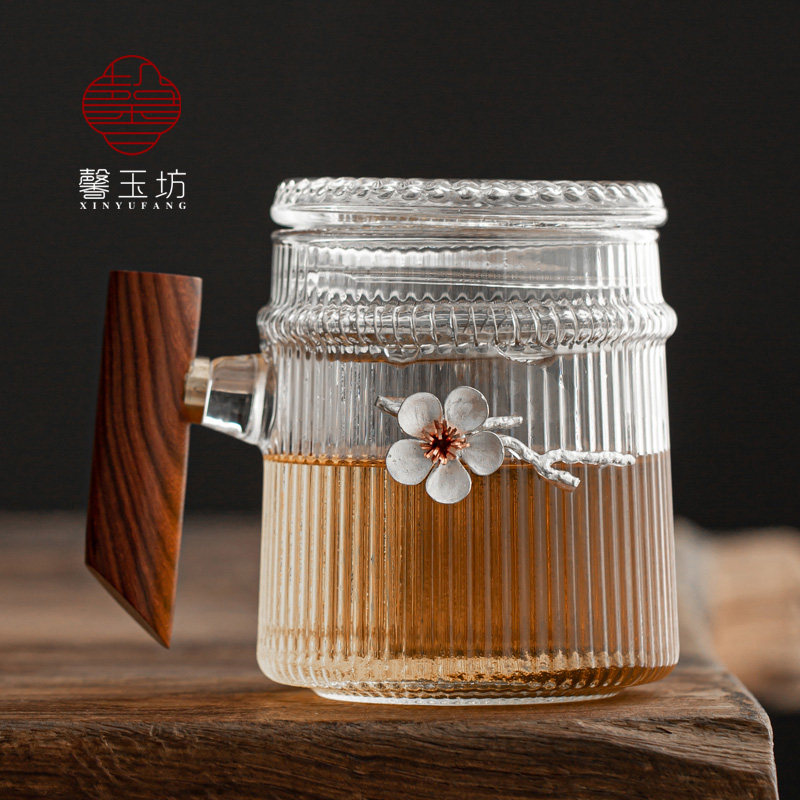 馨玉坊木把透明玻璃杯家用过滤泡茶杯耐热茶水分离水杯带盖把杯子