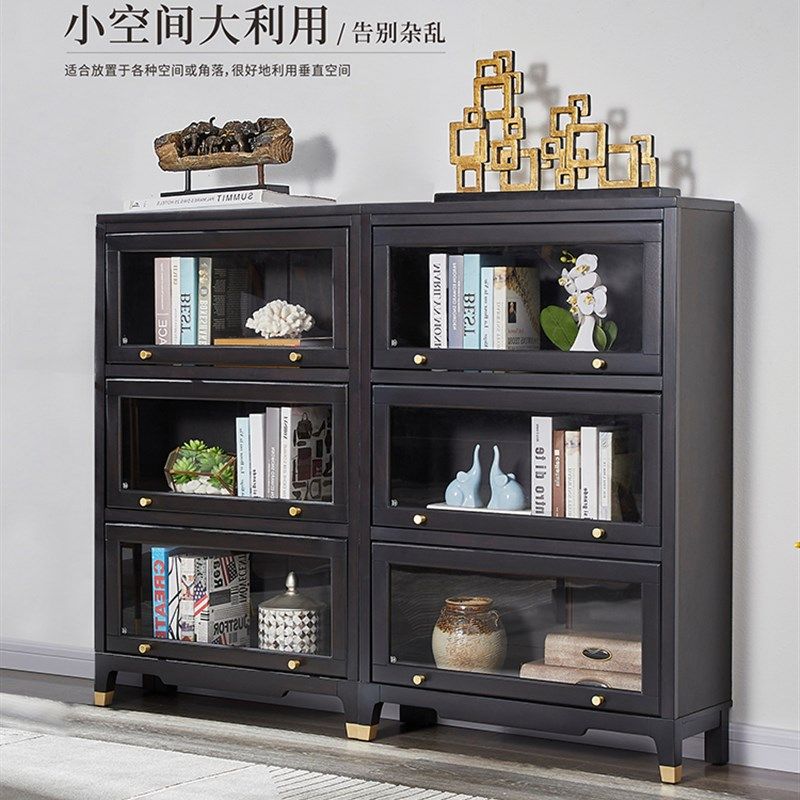 新中式书柜落地自由组合收纳储物柜子卧室书房实木书架多层文件柜