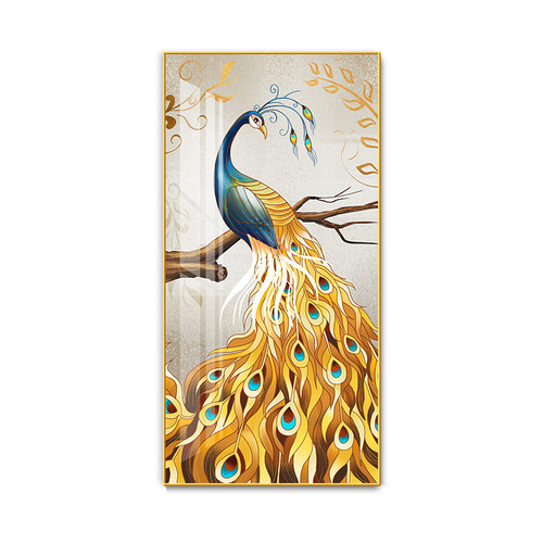 入户玄关装饰画孔雀竖版过道走廊壁画晶瓷画轻奢大气进门镶钻挂画
