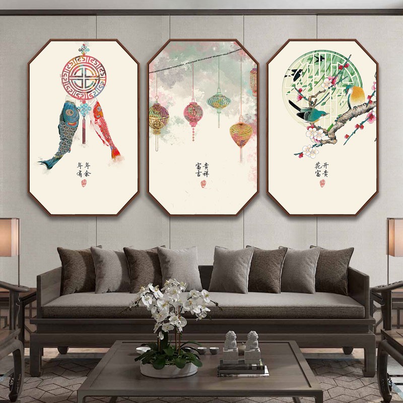 新中式茶室挂画禅意玄关装饰画中国风客厅沙发背景墙餐厅壁画三联