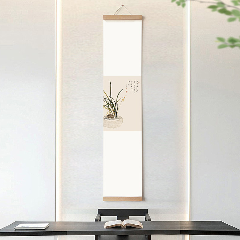 新中式水墨国画兰花装饰画竖长幅卷轴挂画简约茶室书房实木挂轴画