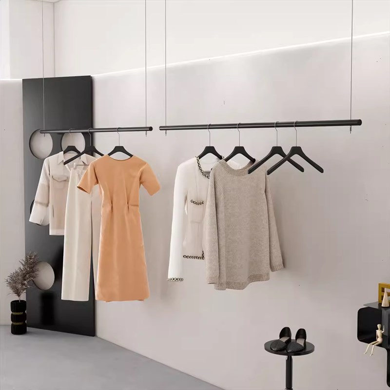 女装店货架服装店展示架上墙陈列架吊顶悬挂钢丝绳吊架黑色挂衣架
