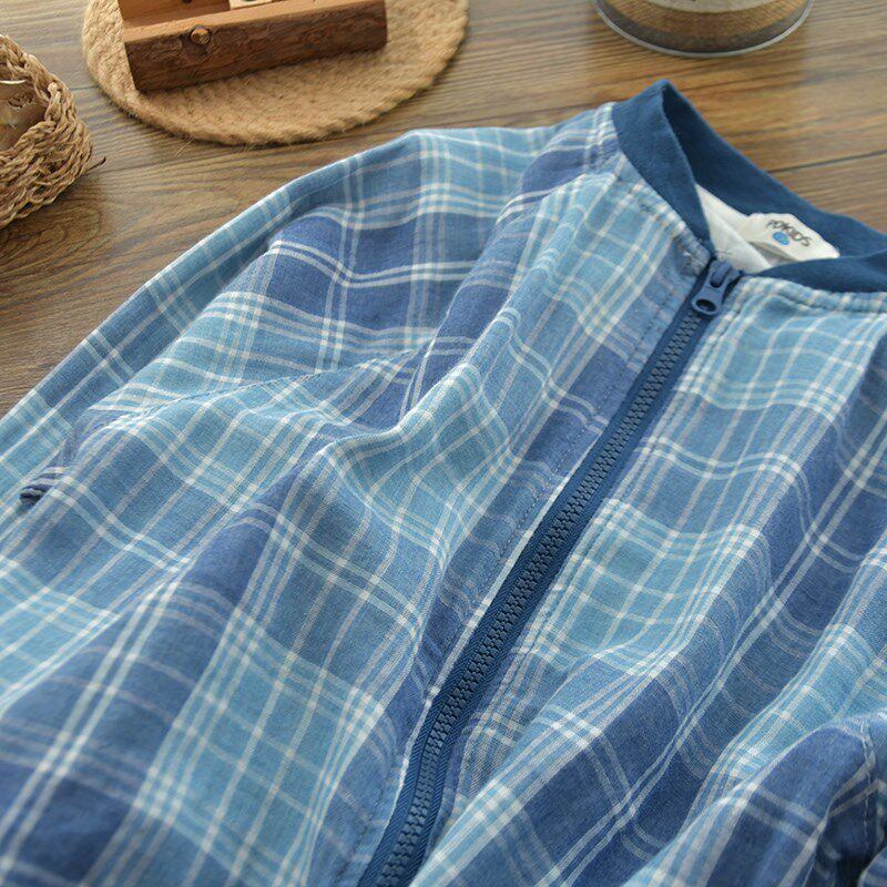 儿童双层棉纱防晒空调外套男童格子透气薄款棒球X服立领拉链衫图片