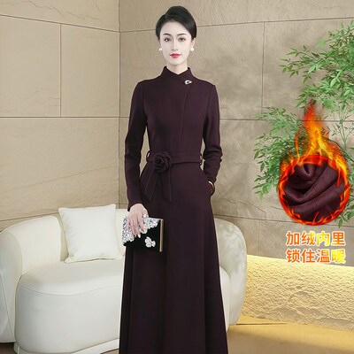 紫色端庄大气连衣裙女秋冬2025新款高端气质高级感毛呢长裙子3031