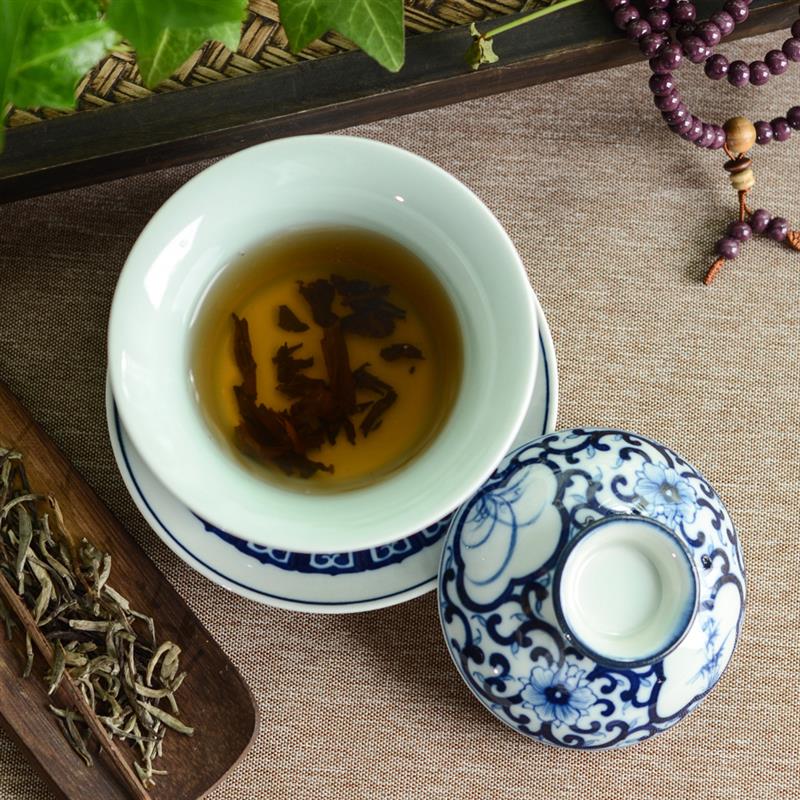 梅兰竹菊纯手工盖碗茶杯大号手绘蓝地青花景德镇陶瓷茶具三才盖碗