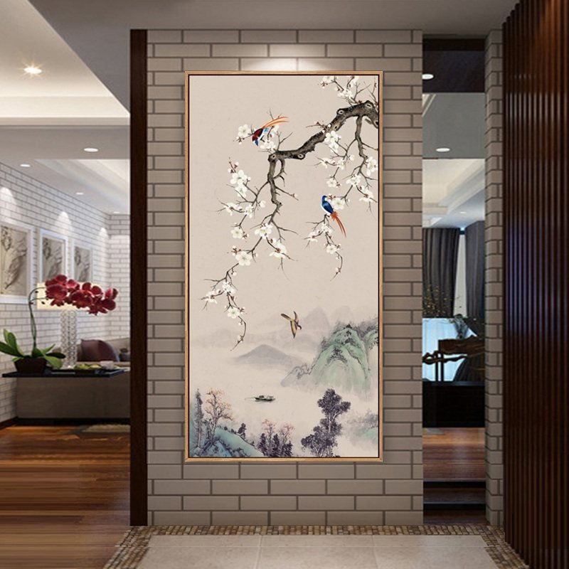 新中式玄关装饰画竖款花鸟工笔挂画中国风壁画客厅走廊楼梯有框画