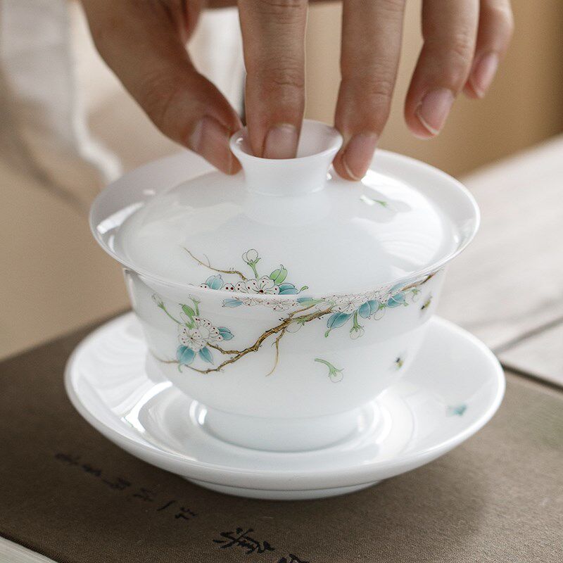 德化陶瓷纯手绘盖碗精工功夫茶具单个三才 泡茶碗 不烫手泡茶杯子