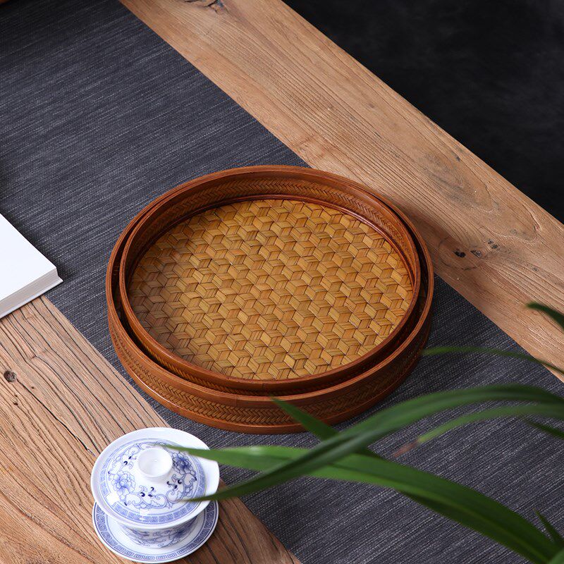 竹编大漆圆型茶盘手工编织复古茶具奉茶收纳盘中式点心水果竹托盘