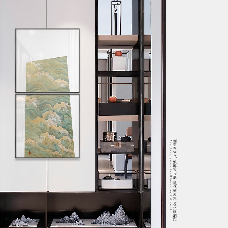 新中式禅意装饰画软装样板房海浪挂画客厅壁画书房茶室两联青网红