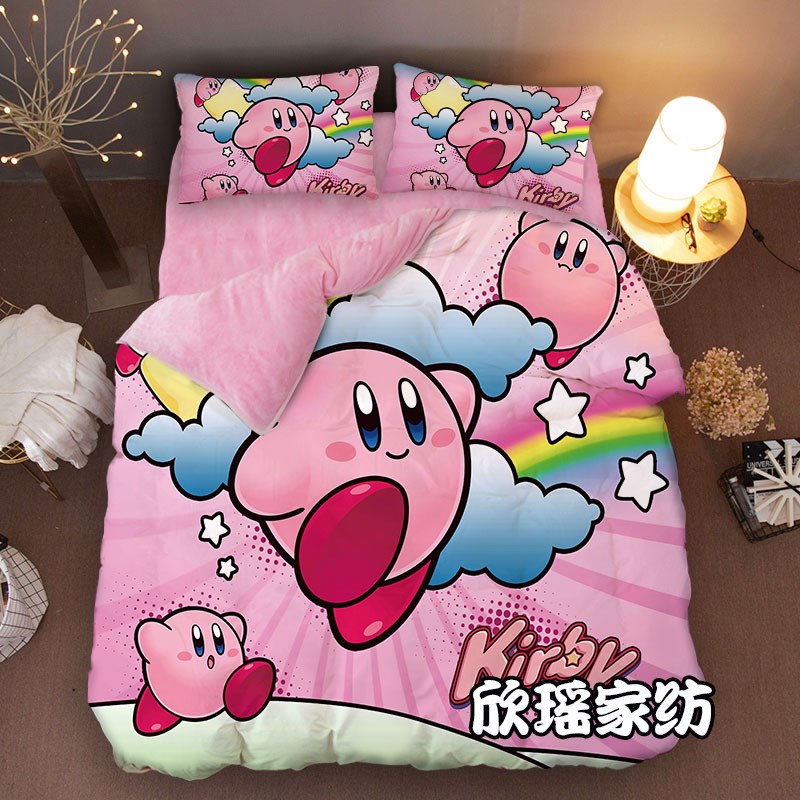 星之卡比床上加绒四件套卡通水晶珊瑚绒床单冬季少女心被套三件套