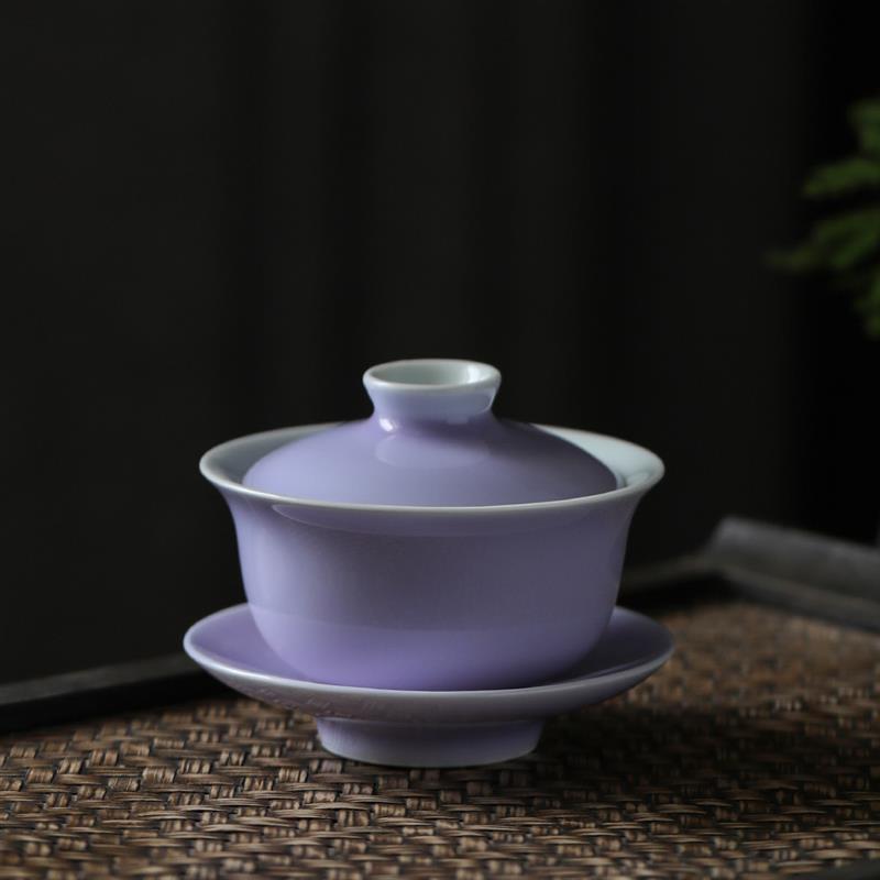 手工玉瓷盖碗茶杯景德镇陶瓷茶具紫色盖杯泡茶碗薄胎功夫杯三才碗