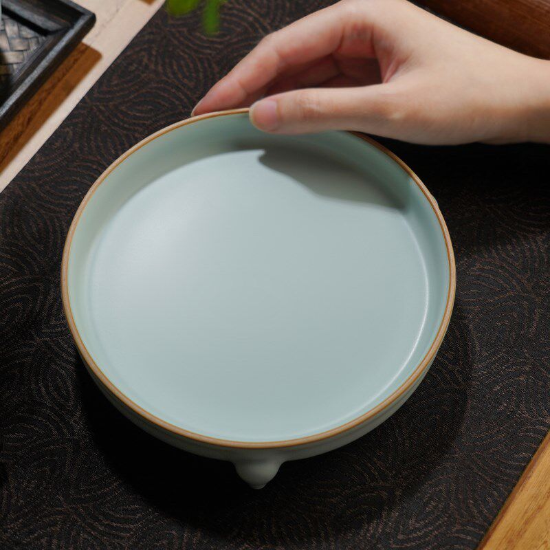 青澹汝窑三足樽承盘壶承开片仿古干泡台茶盘养壶茶承托景德镇陶瓷