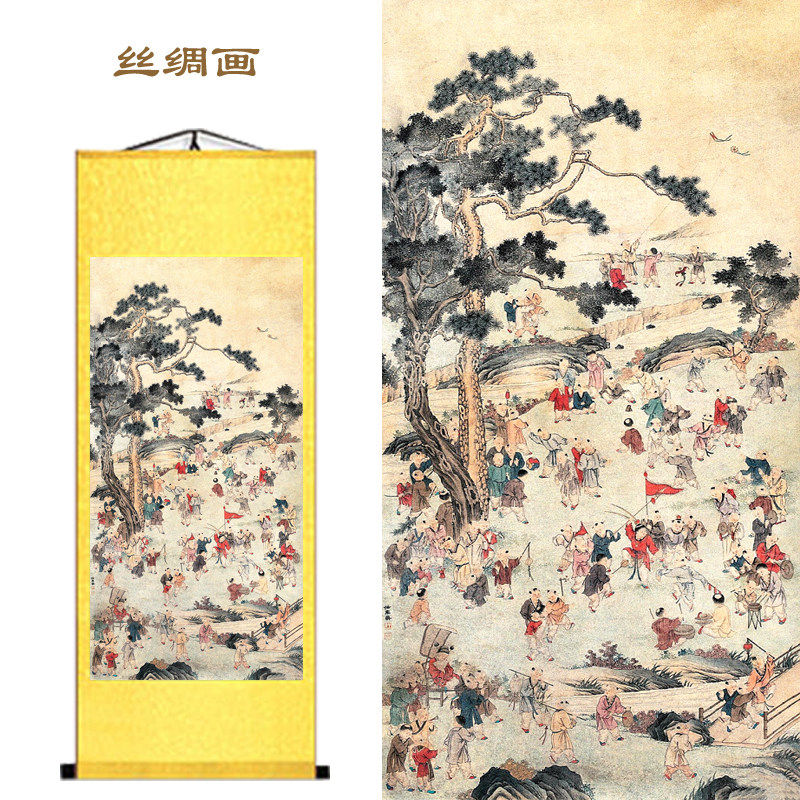 客厅竖版百子图挂画玄关好运纳福百子迎福装饰画办公室卷轴壁画