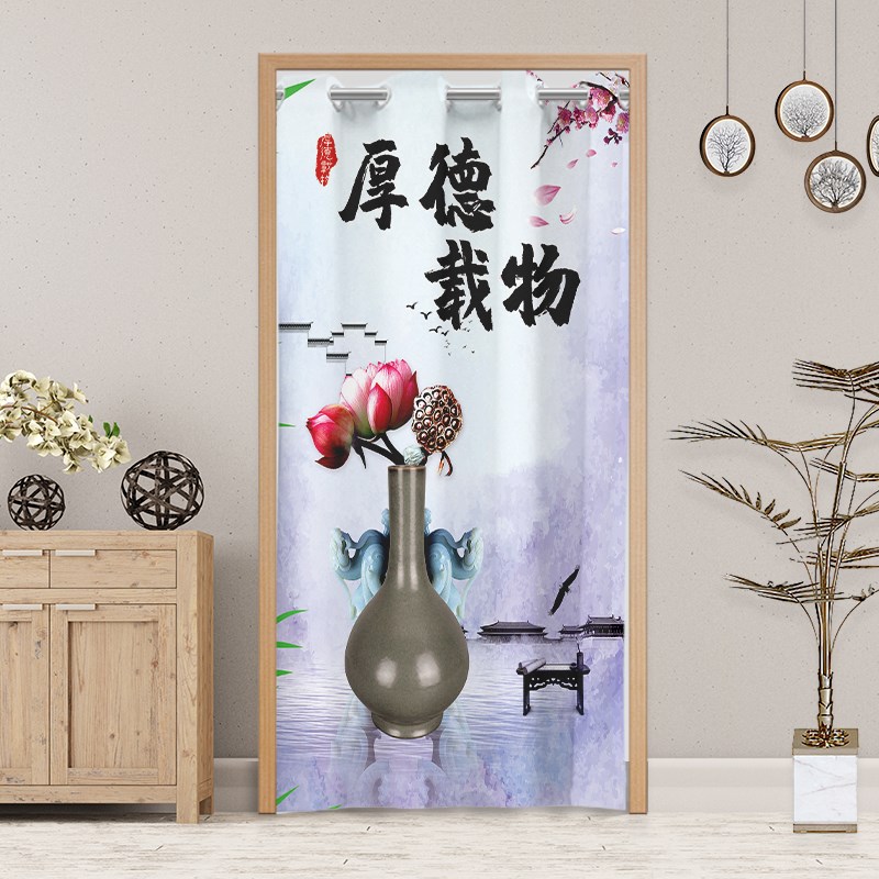 中国风免打孔门帘隔断帘遮挡风布艺卧室家用布帘子厕所伸缩杆订做