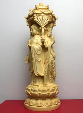 桧木雕刻一体圆柱东方三圣佛实木药师佛日光菩萨月光菩萨家居摆件