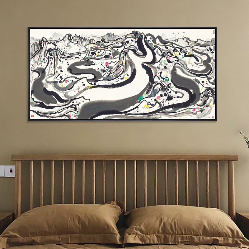 吴冠中装饰画抽象水墨山水画江南水乡挂画中国风客厅茶室壁画横版