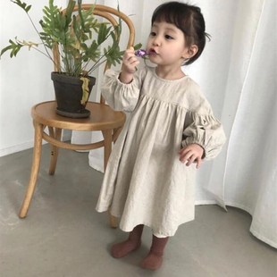 2021日韩秋季 女童棉麻灯笼9分袖子小清新A字连衣裙儿童长袖裙