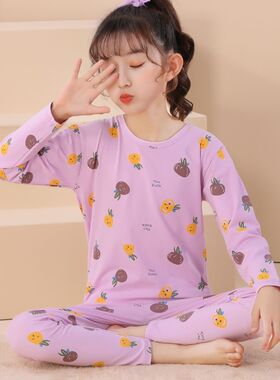 女童内衣套装女孩秋衣秋裤青少年圆领棉毛衫贴身打底睡衣纯棉薄款