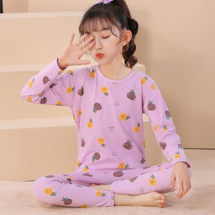 女童内衣套装女孩秋衣秋裤青少年圆领棉毛衫贴身打底睡衣纯棉薄款