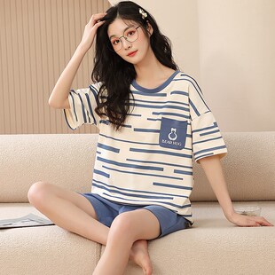 夏季睡衣女纯棉学生大码短袖薄款两件套装可外穿韩版春秋天家居服