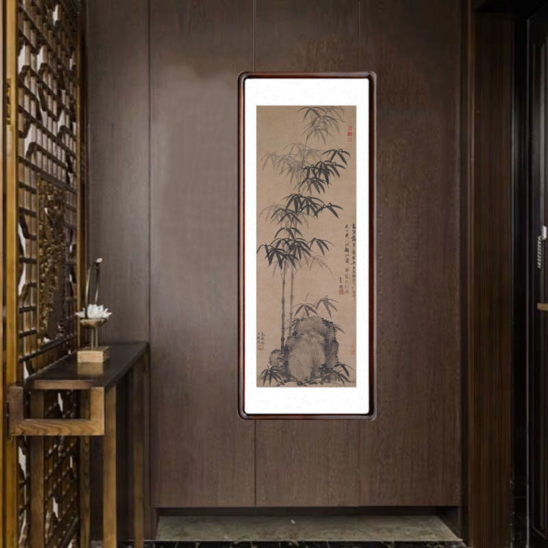 高克恭墨竹坡石图国画中式玄关过道装饰画竹子写意水墨画竖版壁画