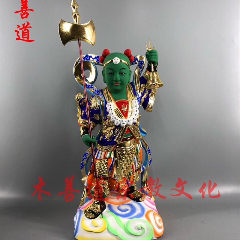 樟木漆线雕手工艺品惠安木雕神像定制殷元帅木雕30厘米手工圆雕神