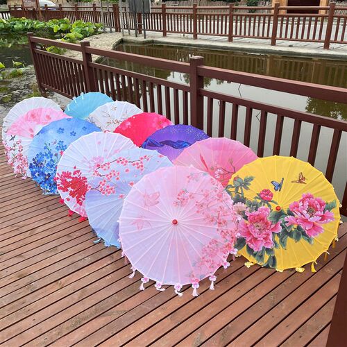 古风花瓣流苏伞绸布伞拍照汉服伞道具舞蹈伞古典油纸伞走秀演出伞