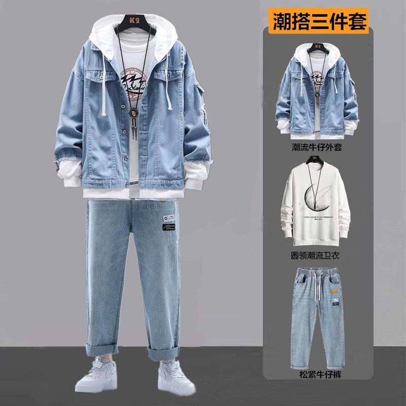 牛仔外套男款春季韩版潮流宽松运动一套衣服2024帅气套装休闲夹克图片