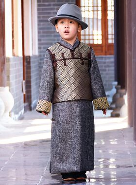 男童唐装冬季宝宝拜年服纯色汉服两件套长袍马褂百岁服生日装抓周