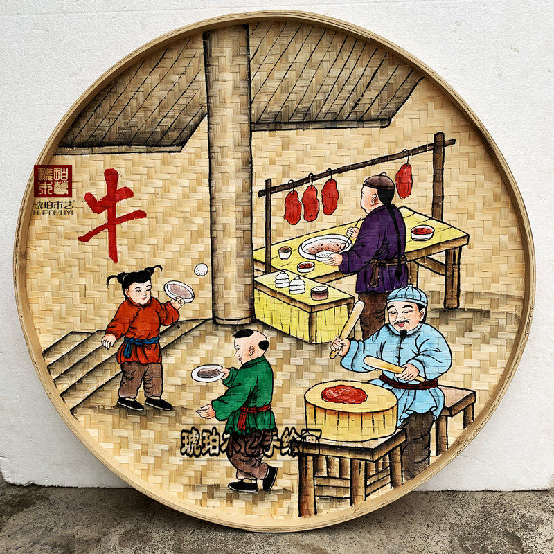 手绘竹编簸箕画农家乐餐馆饭店墙面墙壁装饰画复古特色工艺品挂饰