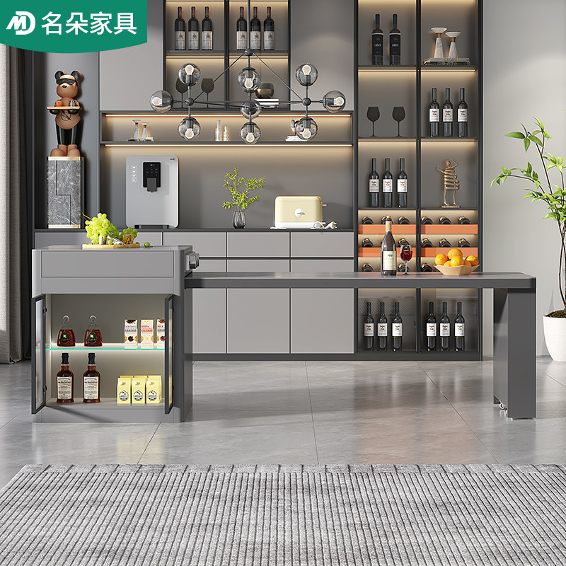 轻奢岩板岛台餐桌一体可伸缩家用开放式厨房吧台定制饭桌茶台5E47