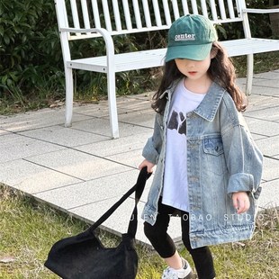 2024春秋新款女童复古水洗牛仔外套韩版男宝宝百搭中长款牛仔夹克