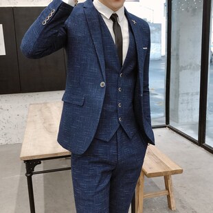 休闲西服套装男士三件套新郎结婚礼服修身韩版潮流帅气英伦风西装