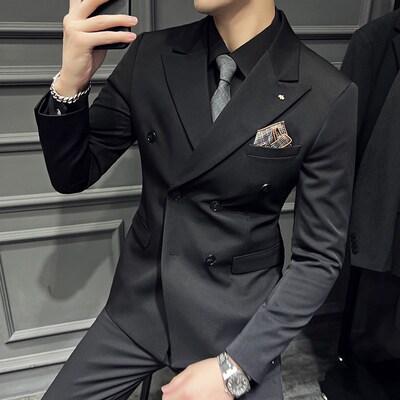 春季男士双排扣西装套装商务休闲修身大码新郎结婚礼服西服三件套