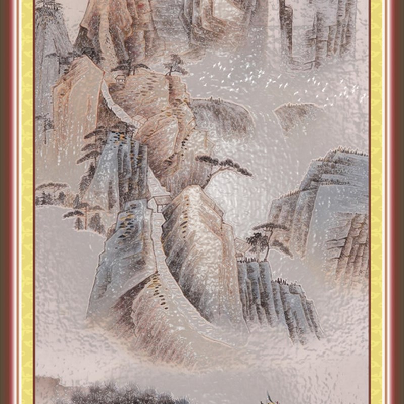 专业定制屏风艺术玻璃中式玄关隔断背景墙雕刻玻璃山水画厨房隔断