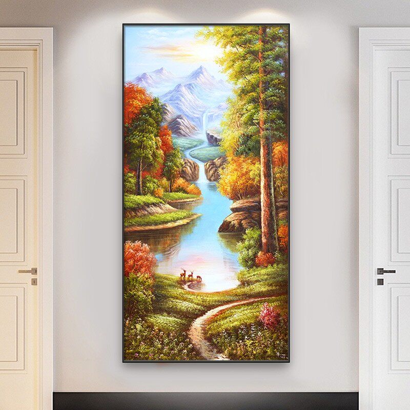 聚宝盆装饰画入户玄关画寓意挂画竖版壁画油画流水生财山水风景画