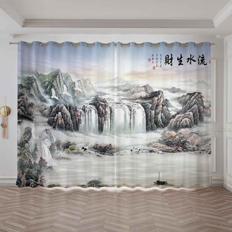 新中式禅意水墨聚财山水画书房客厅卧室办公室隔断背景落地窗帘纱